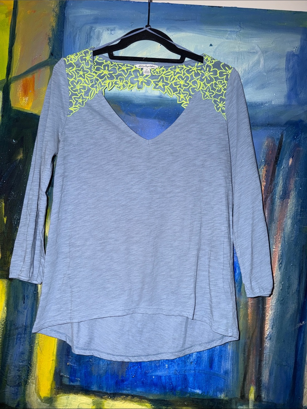 American Eagle Blue 3/4 Sleeve Floral Embroidered Cut-Out Back Knit Boho Top sm